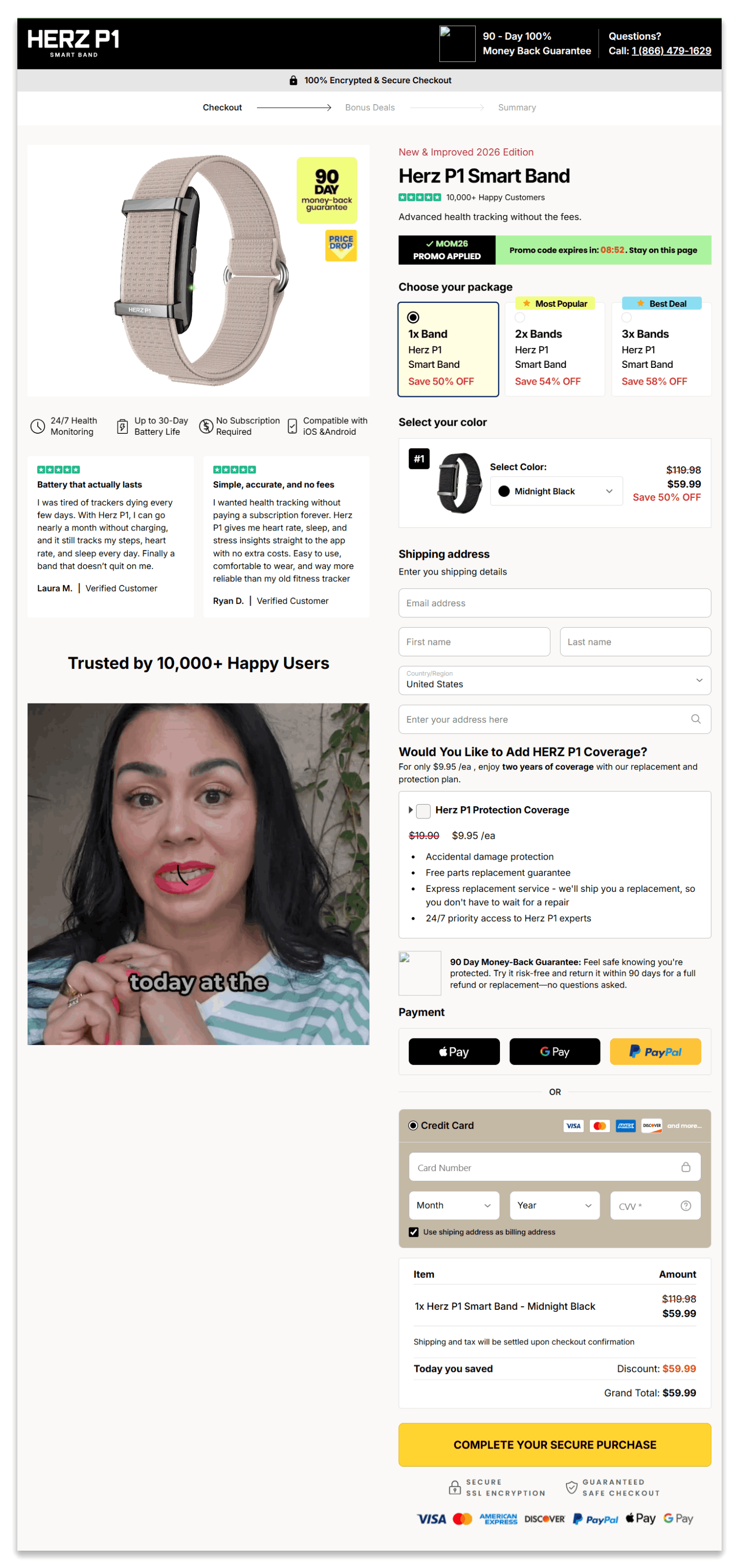Herz P1 Smart Band secure checkout page